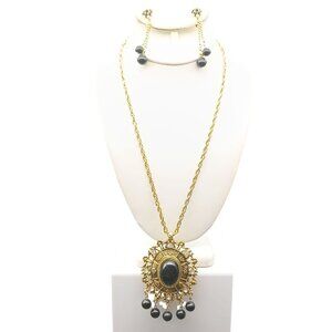 Dramatic Vintage Gold-Tone Necklace & Earrings Set with Black Bead Accents
